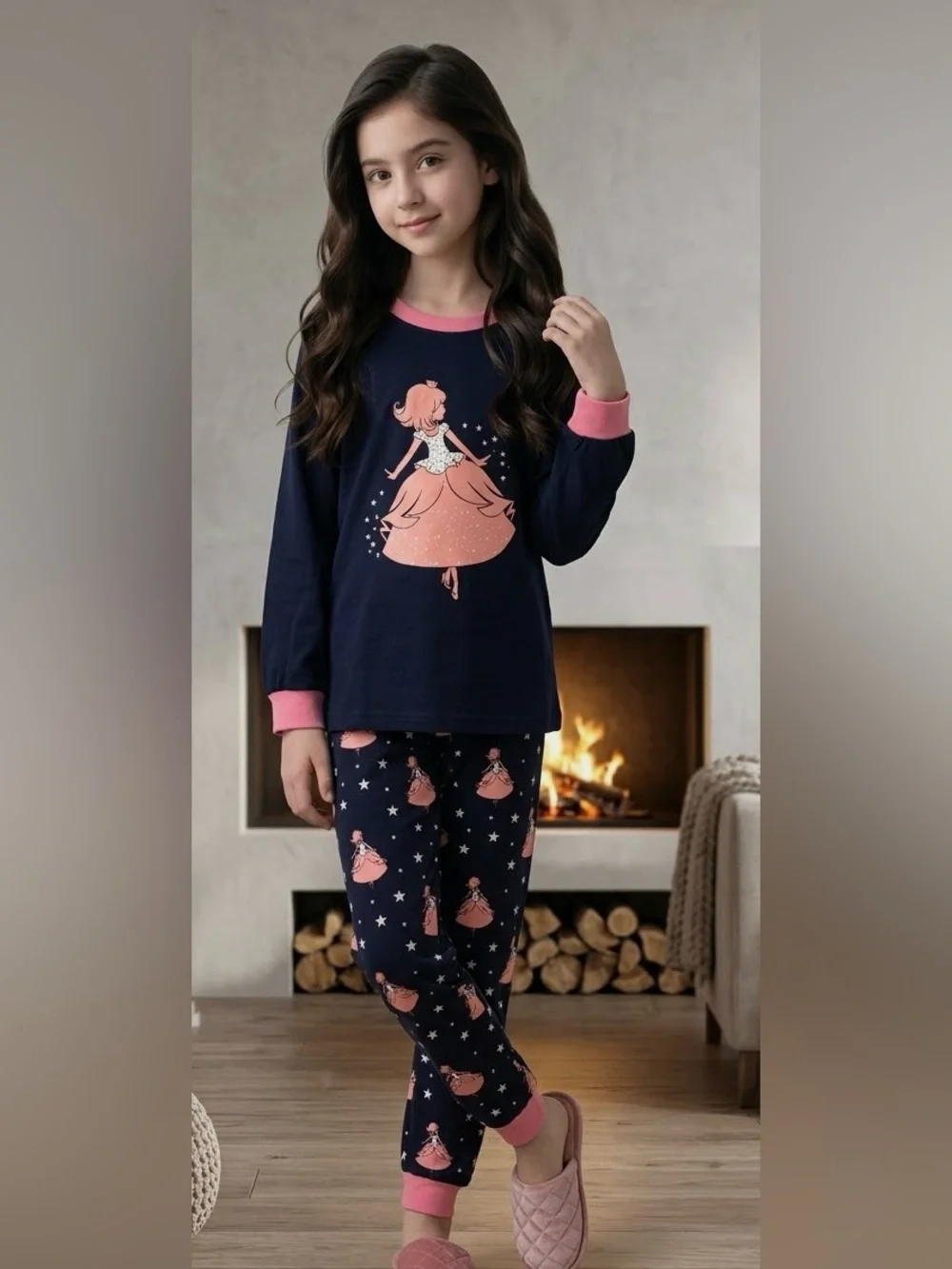 Little Hand Girl’s 7 S Princess 2-piece Boutique Pajama Set LS Navy Blue Pink